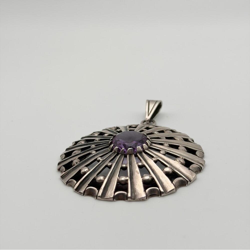 Vintage Sterling Silver Amethyst Sunburst Pendant - Picture 2 of 7